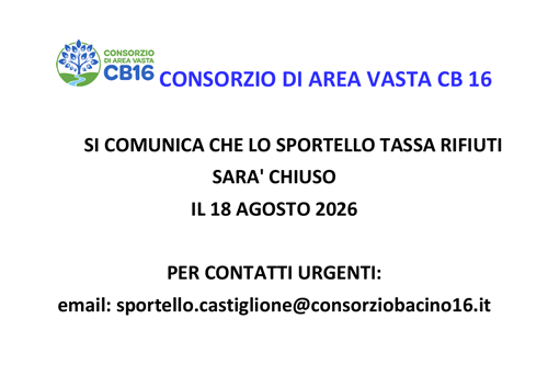 Chiusura sportello CB16 - agosto 2026